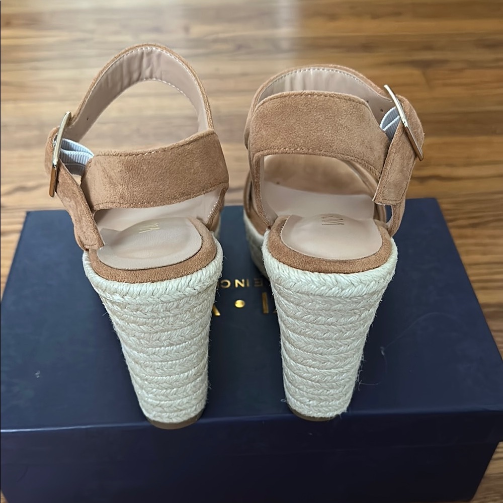 Tan Wedge Sandals with Ankle Strap and Espadrille Heel